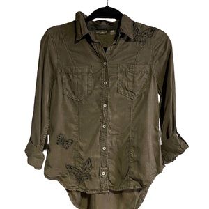 Anthropologie Holding Horses Too Shirt Butterfly Button Down Green Sz 0 XS